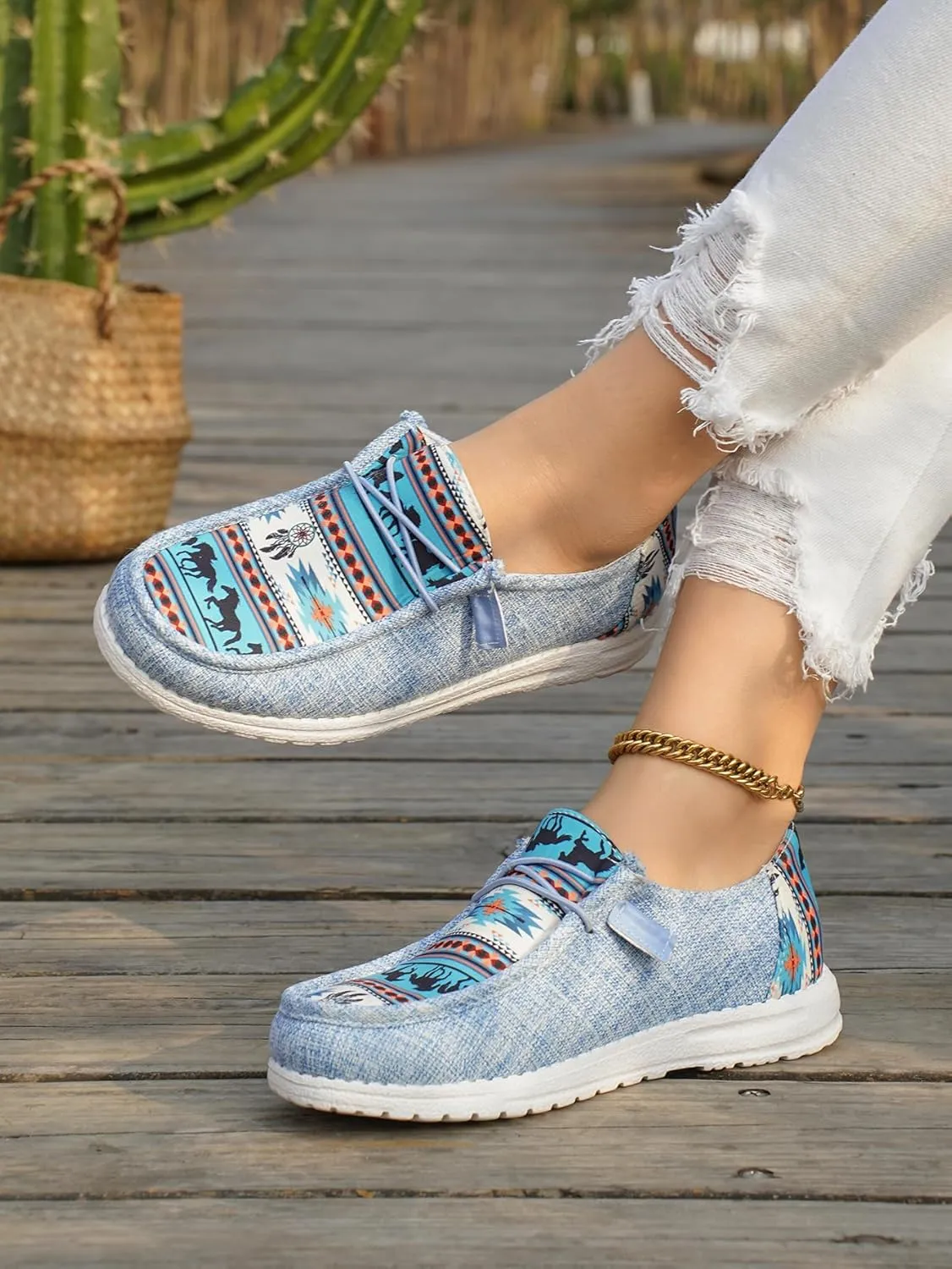 Women's Aztec Print Pattern Canvas Loafer Shoes Ethnic Lace-up Slip-on Sneakers Wide Width and Arch Support Lightweight Walking Breathable Shoes Comfort, Color Blue Brown Rose-Red