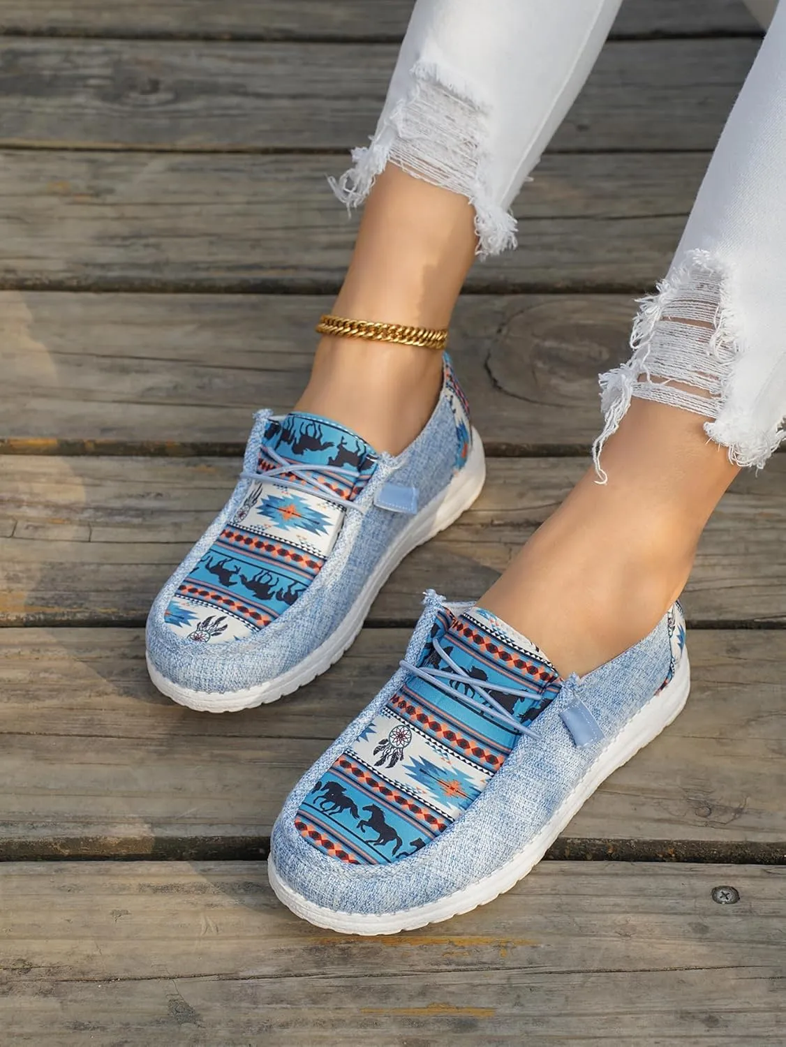 Women's Aztec Print Pattern Canvas Loafer Shoes Ethnic Lace-up Slip-on Sneakers Wide Width and Arch Support Lightweight Walking Breathable Shoes Comfort, Color Blue Brown Rose-Red