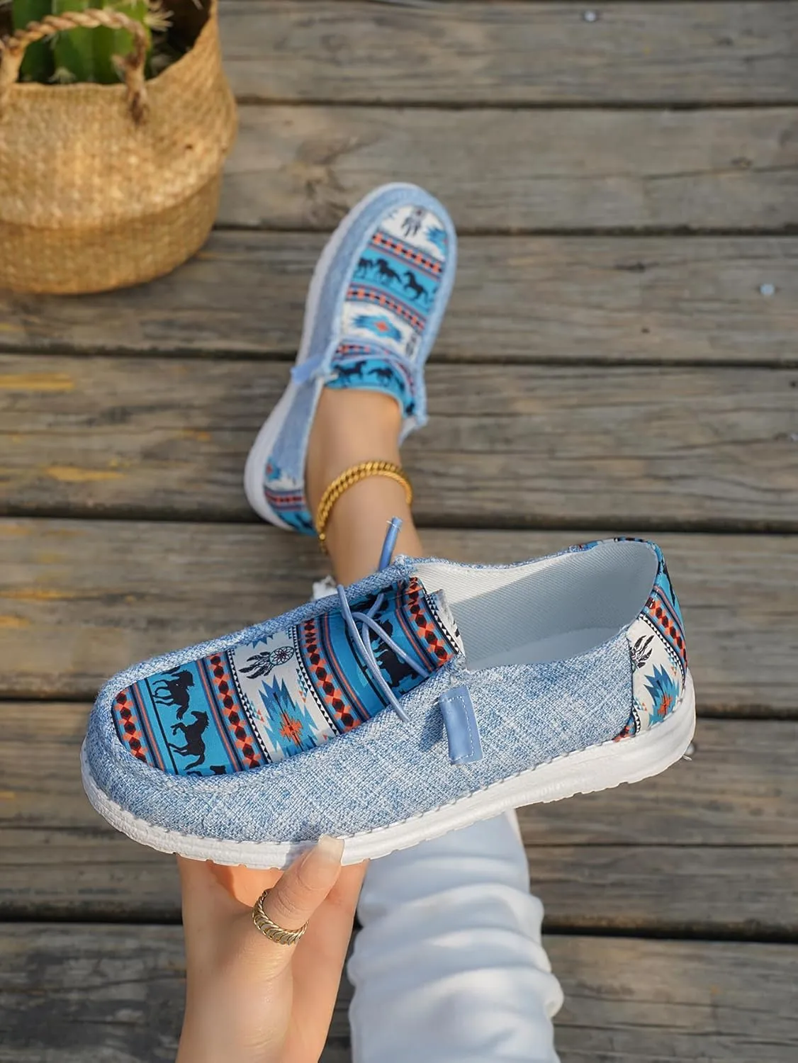 Women's Aztec Print Pattern Canvas Loafer Shoes Ethnic Lace-up Slip-on Sneakers Wide Width and Arch Support Lightweight Walking Breathable Shoes Comfort, Color Blue Brown Rose-Red