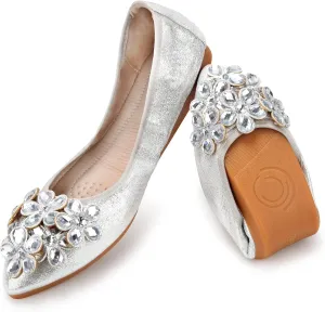 Women's Ballet Flats Rhinestone Soft Wedding Ballerina Shoes Foldable Sparkly Dress Comfort Slip on Flat Shoes