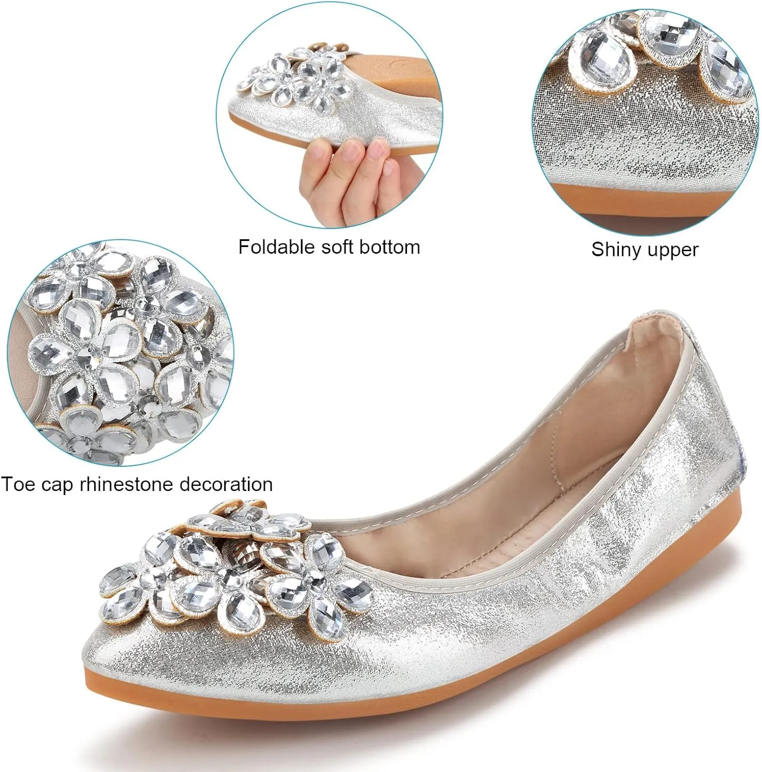 Women's Ballet Flats Rhinestone Soft Wedding Ballerina Shoes Foldable Sparkly Dress Comfort Slip on Flat Shoes