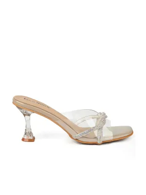 Women's Beige Stilleto Heel Silicon Glitter Strap Mule Sandals