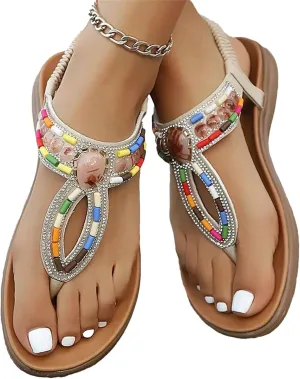 Women's Bohemian Sandals Comfortable Beaded Clip Toe Flat Heels Soft Beach Plus Size Sandalias Shoes