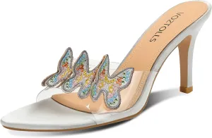 Women's Butterfly Clear High Heels Rhinestone Open Pointed Toe Stiletto Sandals Slip On Transparent Heeled Mules Wedding Dress Shoes