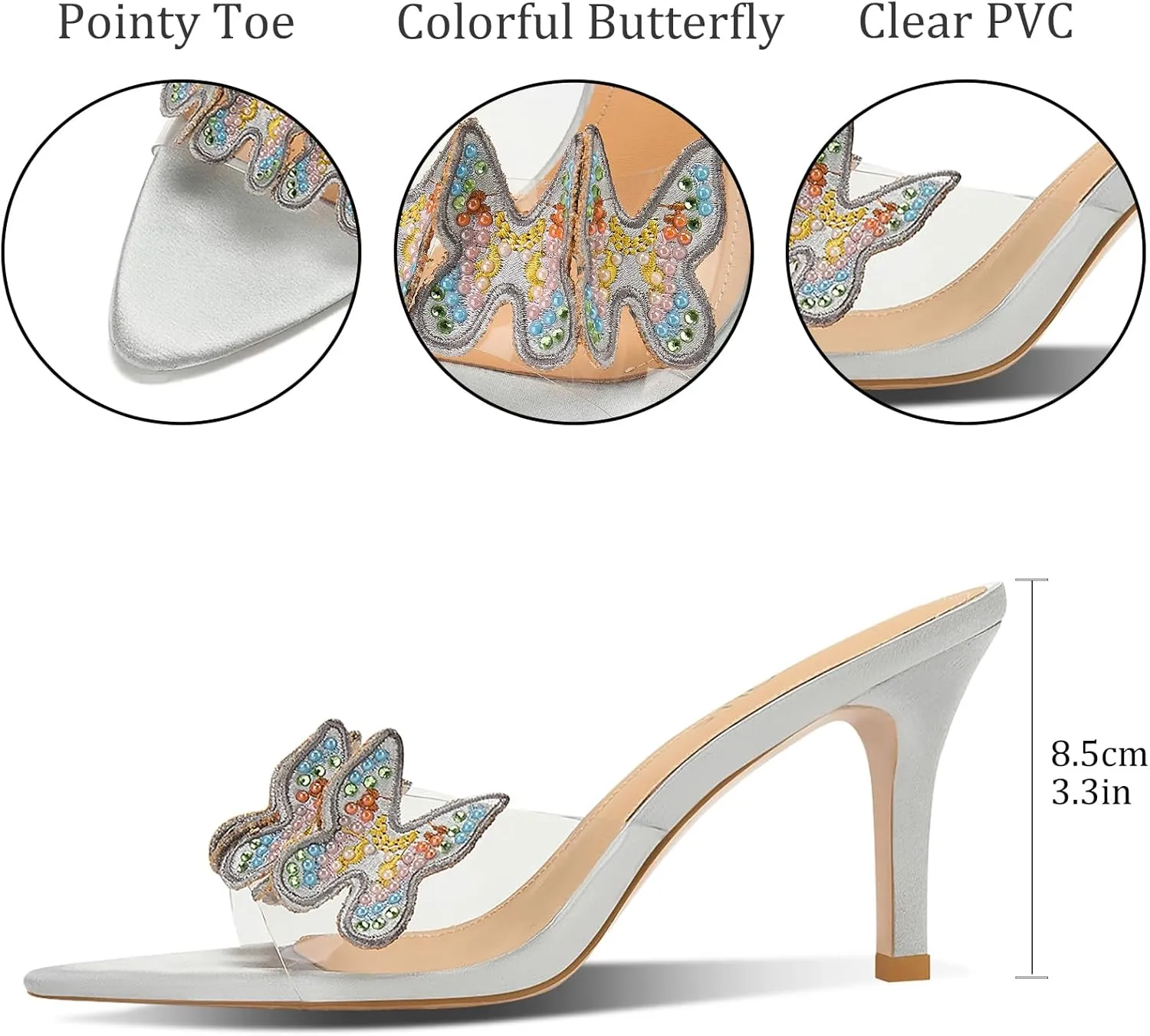 Women's Butterfly Clear High Heels Rhinestone Open Pointed Toe Stiletto Sandals Slip On Transparent Heeled Mules Wedding Dress Shoes