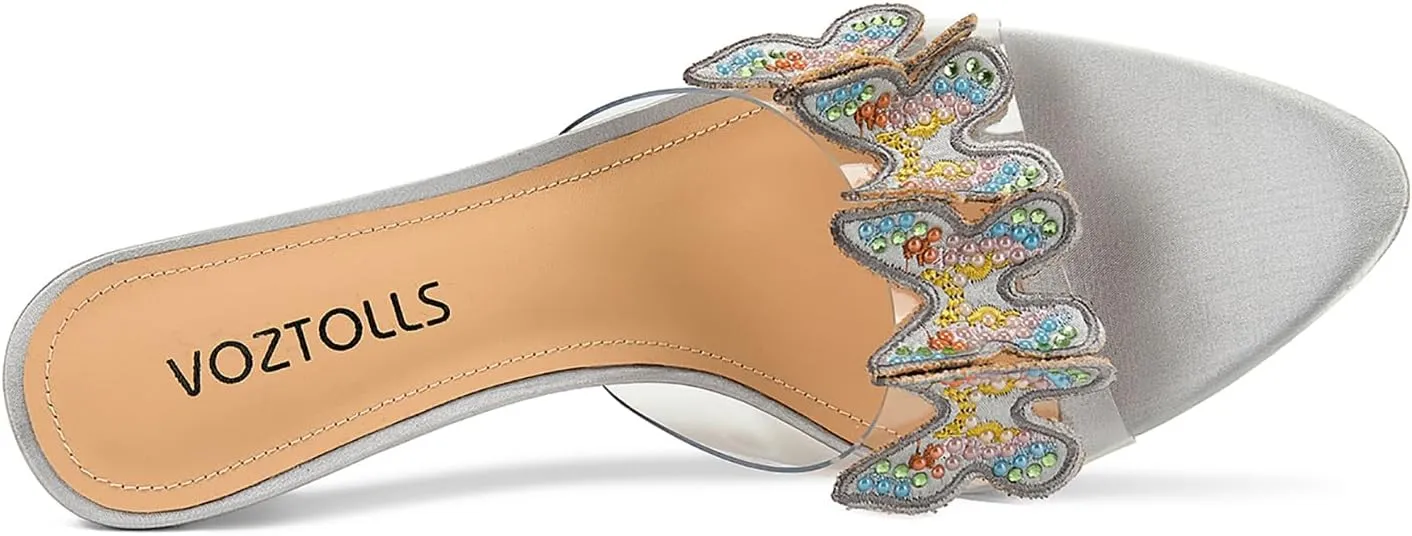 Women's Butterfly Clear High Heels Rhinestone Open Pointed Toe Stiletto Sandals Slip On Transparent Heeled Mules Wedding Dress Shoes