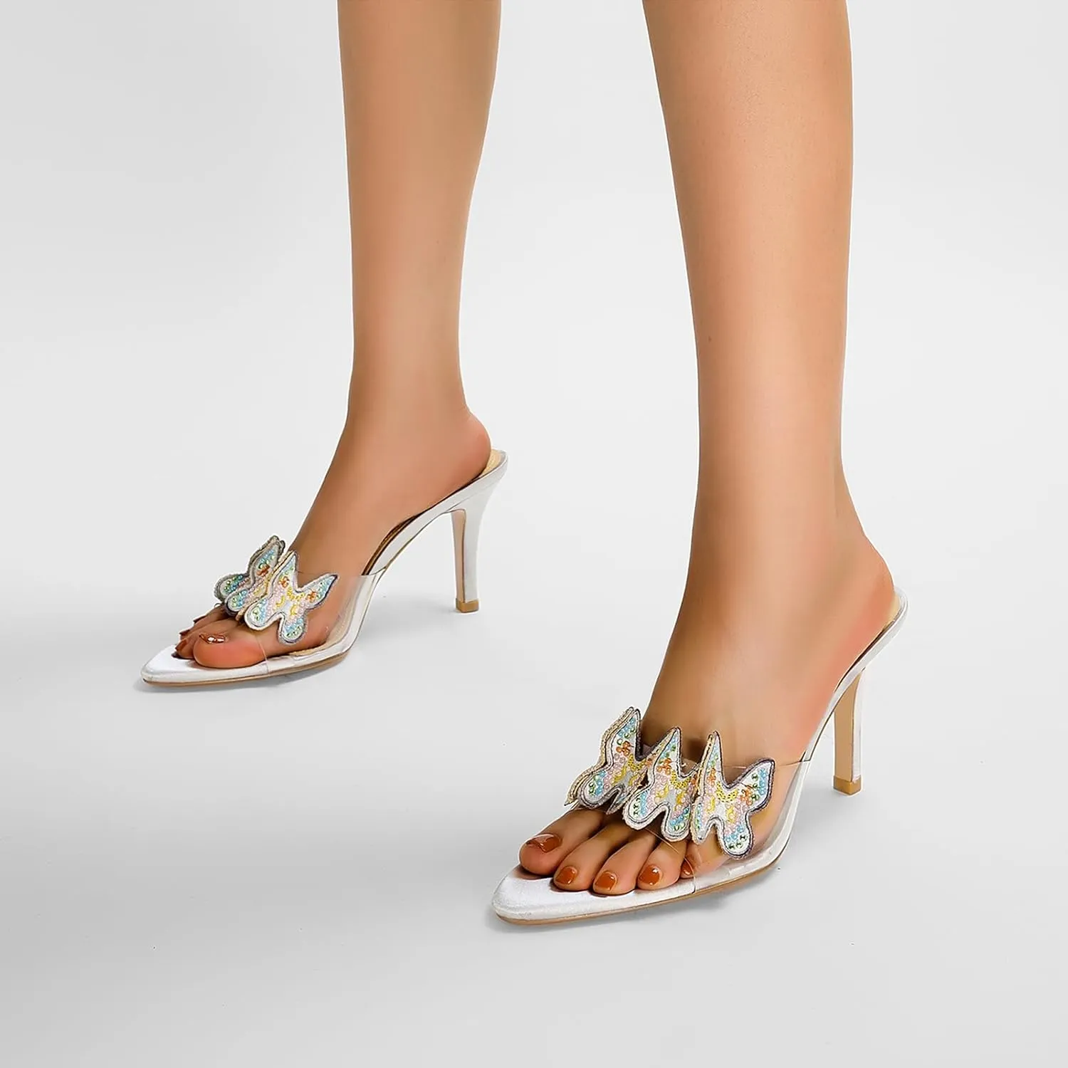 Women's Butterfly Clear High Heels Rhinestone Open Pointed Toe Stiletto Sandals Slip On Transparent Heeled Mules Wedding Dress Shoes