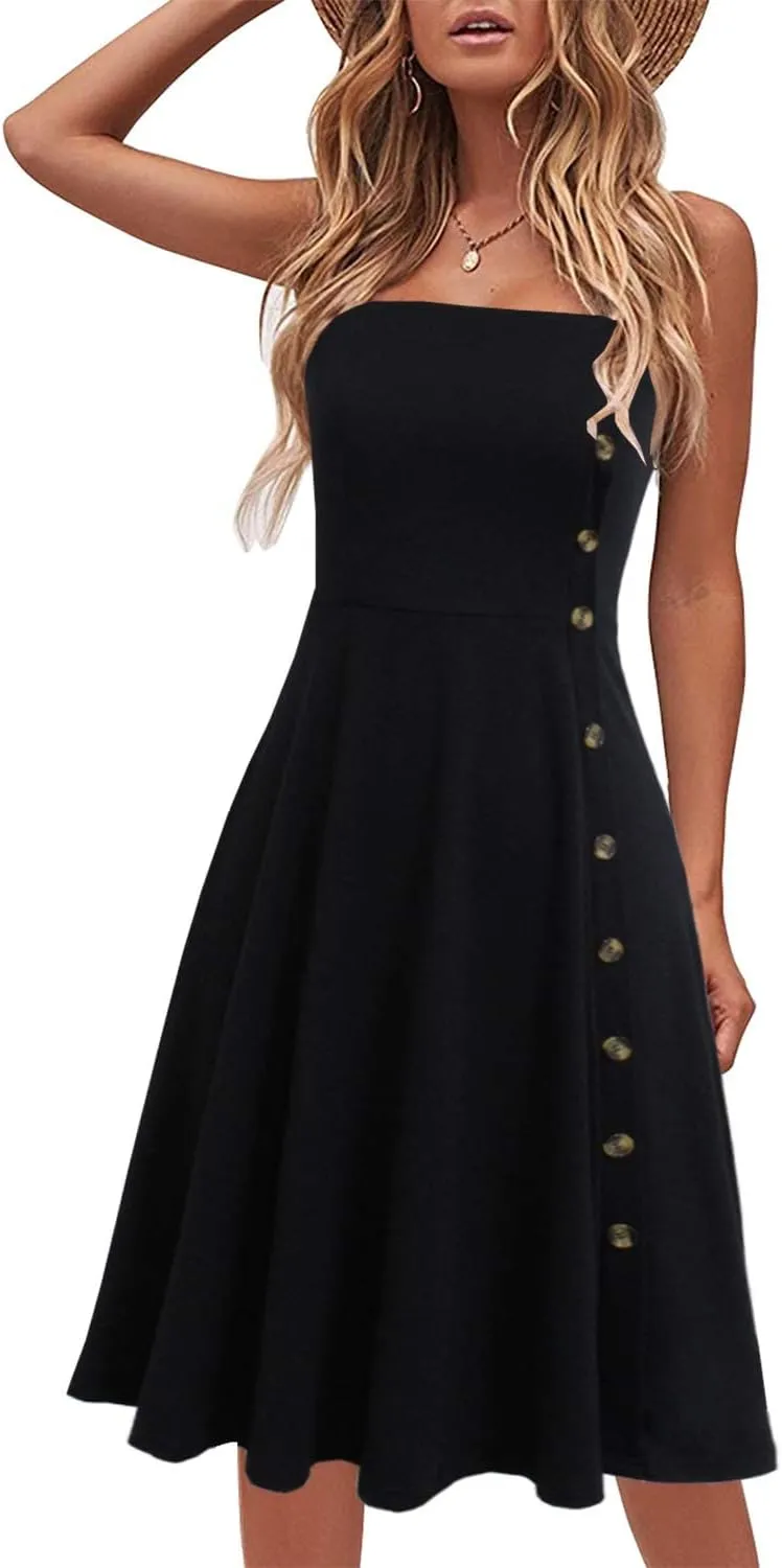 Women's Casual Summer Beach Flattering Flowy A-Line Spaghetti Straps Solid Cotton Button Down Midi Sundress