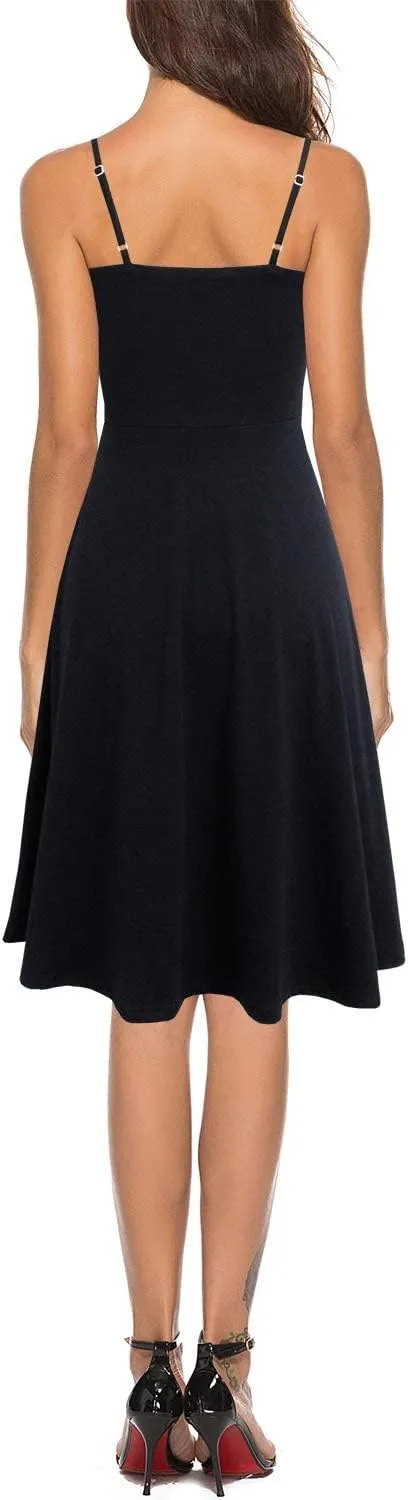 Women's Casual Summer Beach Flattering Flowy A-Line Spaghetti Straps Solid Cotton Button Down Midi Sundress