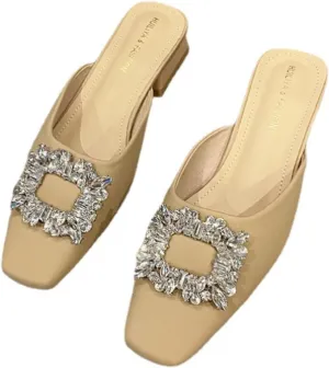 Womens Closed Square Head Mule Sandals with Rhinestone Thick Heeled High Heels Bridal Evening Party Wedding Satin Dress Shoes Backless Slip on Slides Loafer Shoes