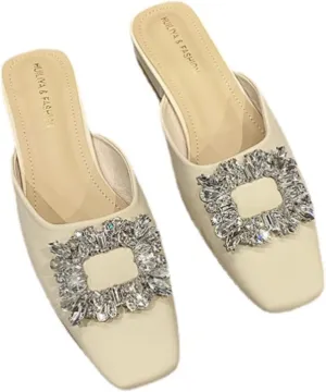 Womens Closed Square Head Mule Sandals with Rhinestone Thick Heeled High Heels Bridal Evening Party Wedding Satin Dress Shoes Backless Slip on Slides Loafer Shoes