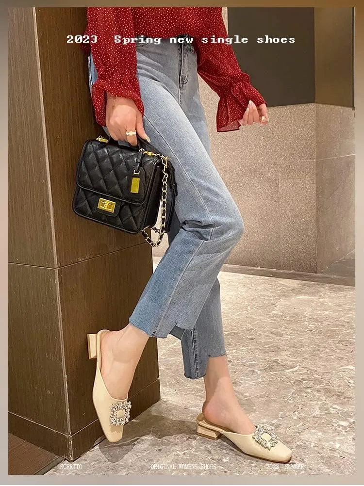 Womens Closed Square Head Mule Sandals with Rhinestone Thick Heeled High Heels Bridal Evening Party Wedding Satin Dress Shoes Backless Slip on Slides Loafer Shoes