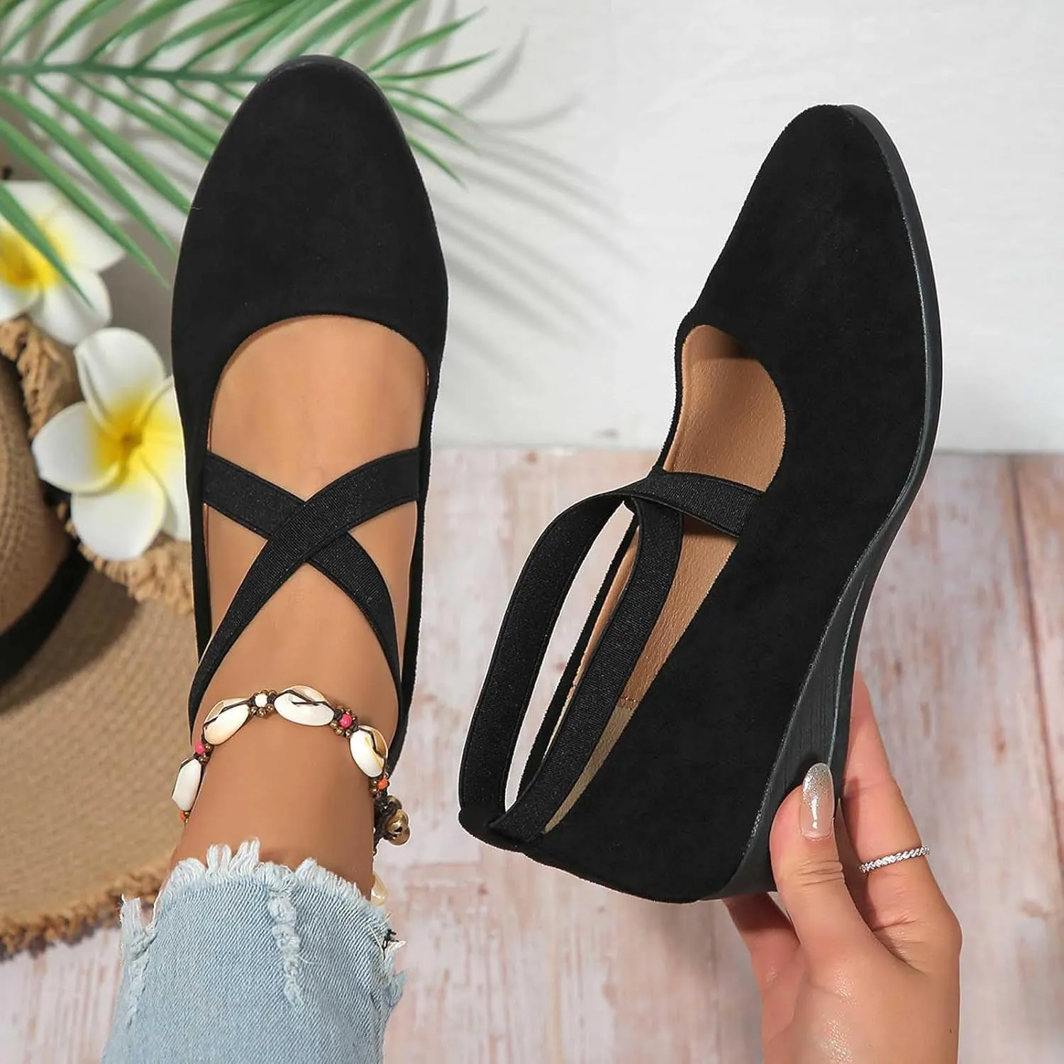 Women's Comfortable Fashion Elastic Criss-Cross Ankle Flats Shoes Close Toe Slingback Slip On Ballet Shoes Dressy Casual Soft Soles Slides Footwear Lightweight Breathable Walking Shoe