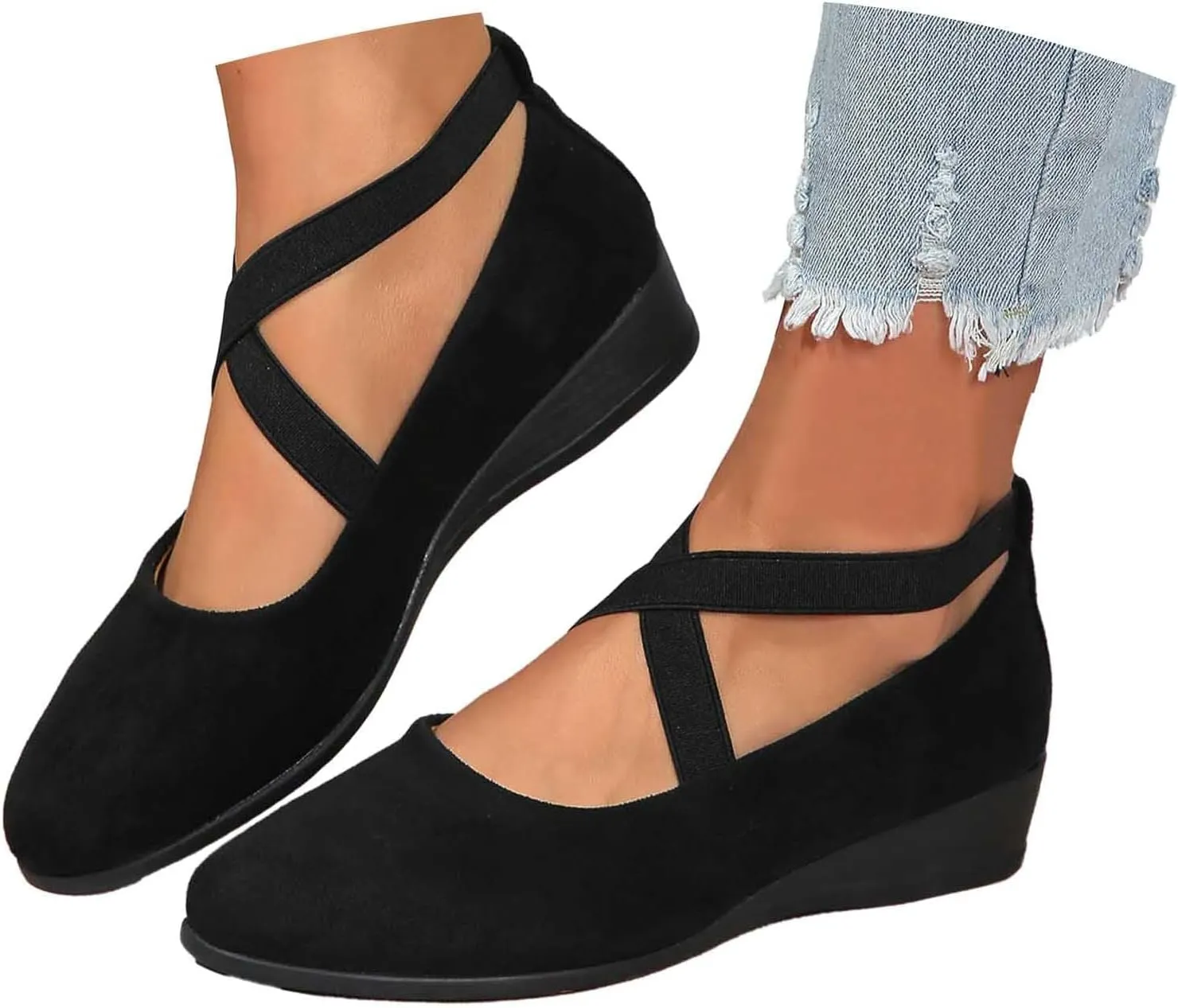 Women's Comfortable Fashion Elastic Criss-Cross Ankle Flats Shoes Close Toe Slingback Slip On Ballet Shoes Dressy Casual Soft Soles Slides Footwear Lightweight Breathable Walking Shoe