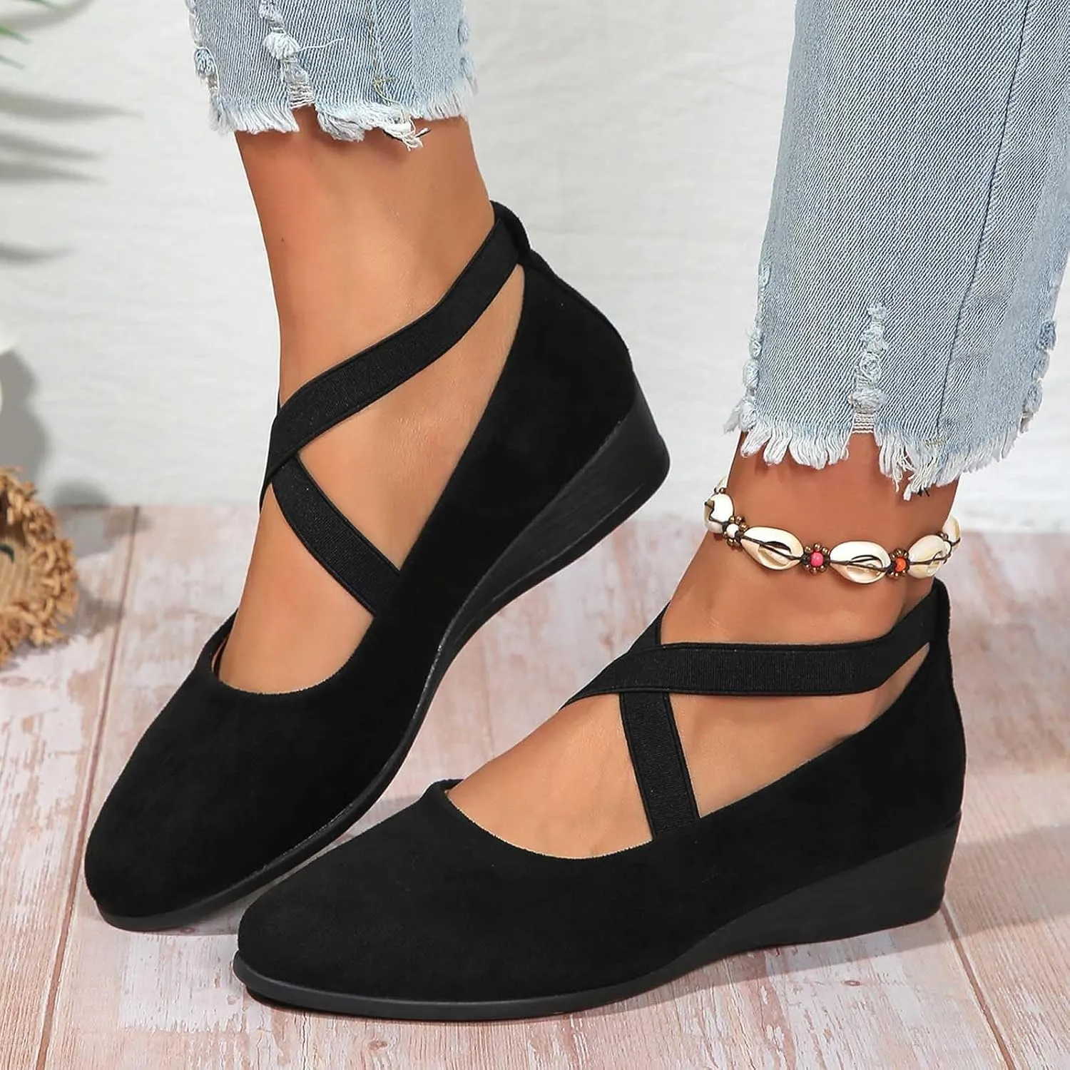 Women's Comfortable Fashion Elastic Criss-Cross Ankle Flats Shoes Close Toe Slingback Slip On Ballet Shoes Dressy Casual Soft Soles Slides Footwear Lightweight Breathable Walking Shoe