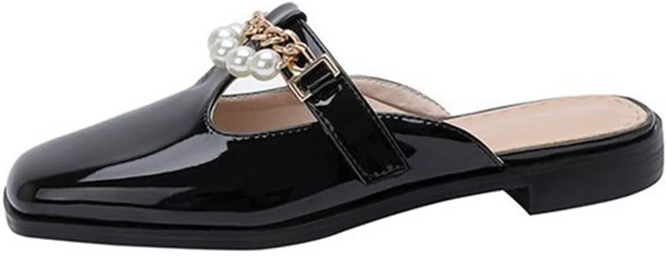 Women's Flat Mary Jane Mules Patent PU Leather Closed Square Toe Backless Slip on Slides Loafer Shoes Black
