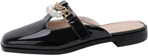 Women's Flat Mary Jane Mules Patent PU Leather Closed Square Toe Backless Slip on Slides Loafer Shoes Black