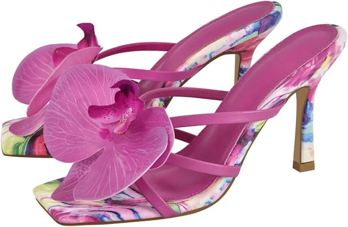 Women's Flower Ankle Strap Sandals - Square Toe 9cm Thin Heels