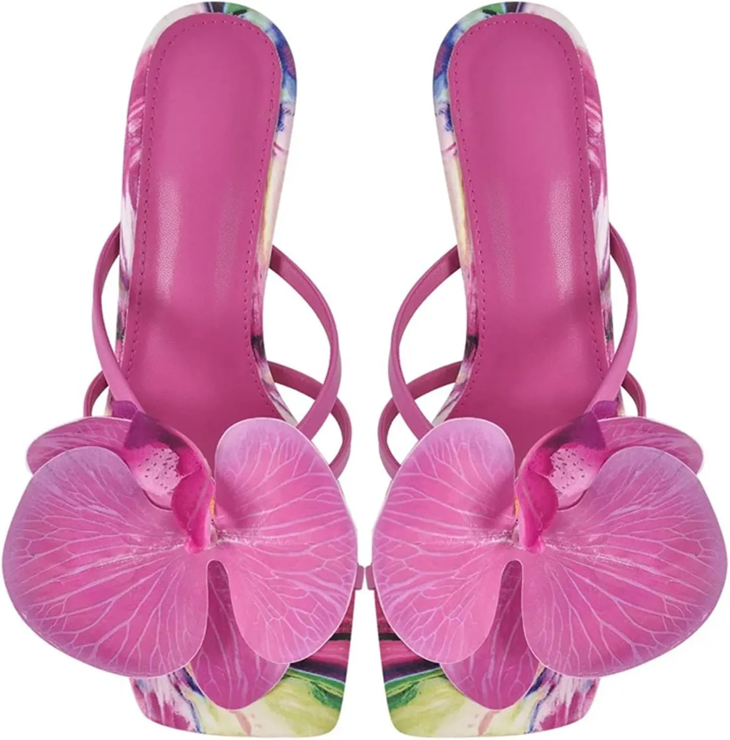 Women's Flower Ankle Strap Sandals - Square Toe 9cm Thin Heels
