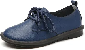 Women's Genuine Leather Lace-Up Soft Sole Flat Fashion Round Toe Handmade Lightweight Slip-On Flat Walking Shoes for Office Work