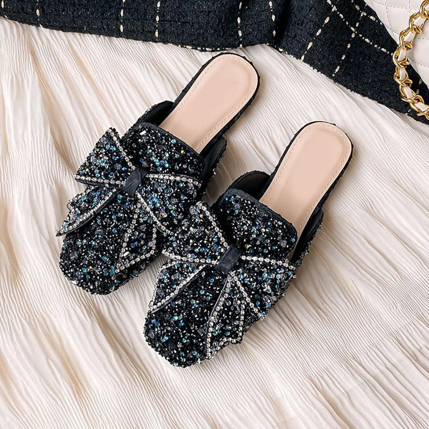 Women's Glitter Rhinestone Mule Flats Closed Toe Sequin Sparkly Bow Backless Slip On Loafer Slides