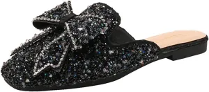 Women's Glitter Rhinestone Mule Flats Closed Toe Sequin Sparkly Bow Backless Slip On Loafer Slides