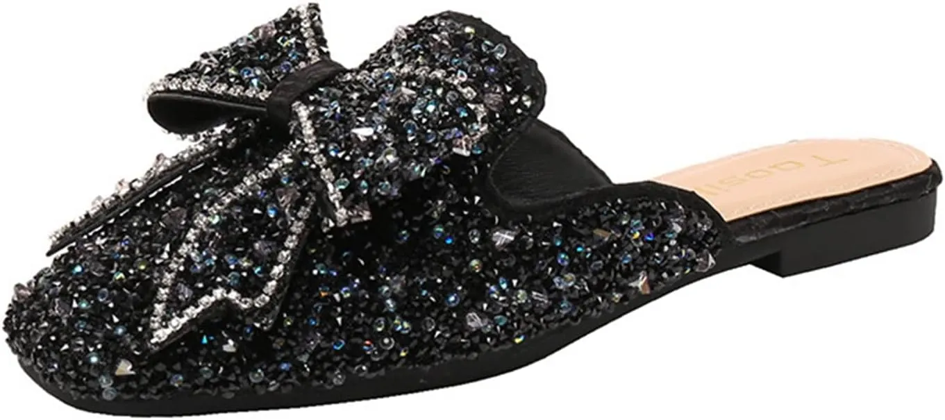 Women's Glitter Rhinestone Mule Flats Closed Toe Sequin Sparkly Bow Backless Slip On Loafer Slides
