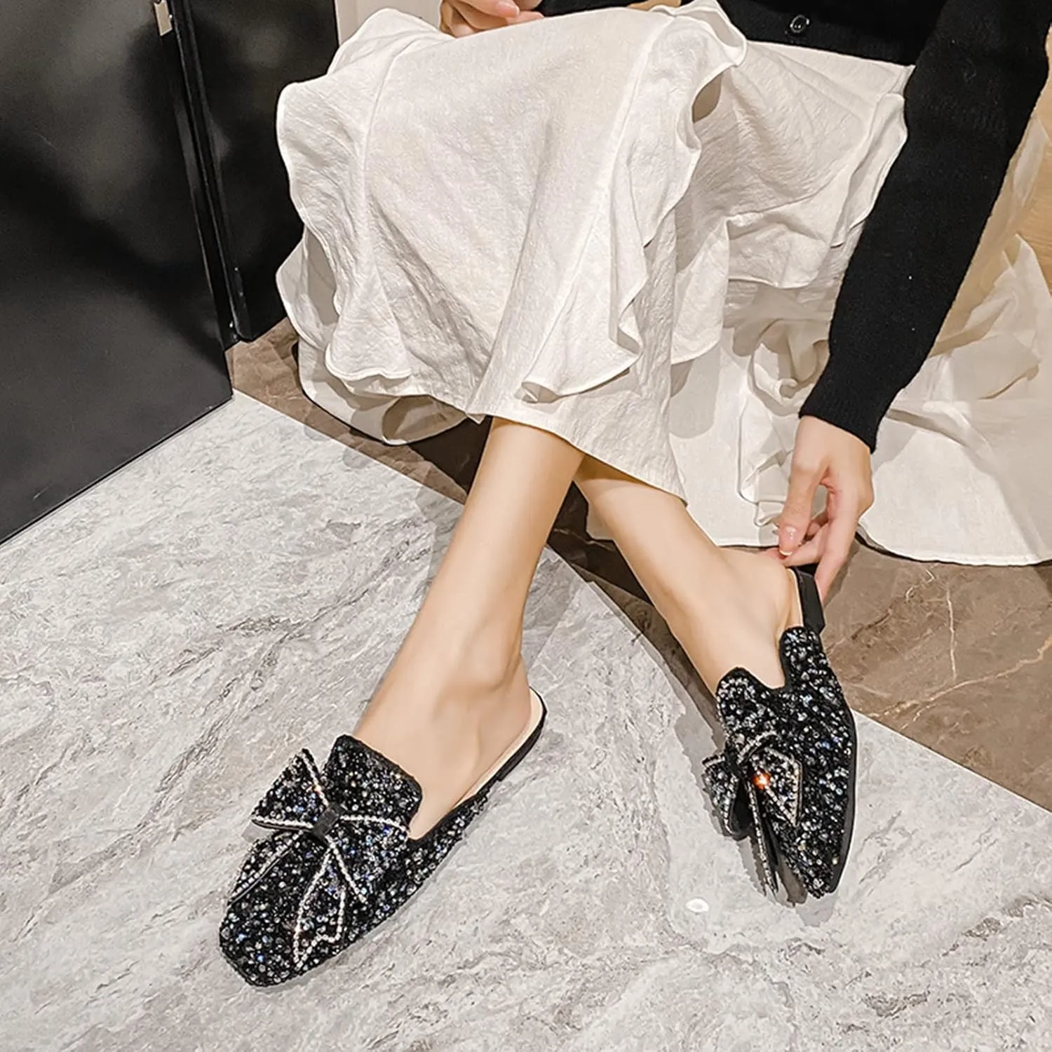 Women's Glitter Rhinestone Mule Flats Closed Toe Sequin Sparkly Bow Backless Slip On Loafer Slides
