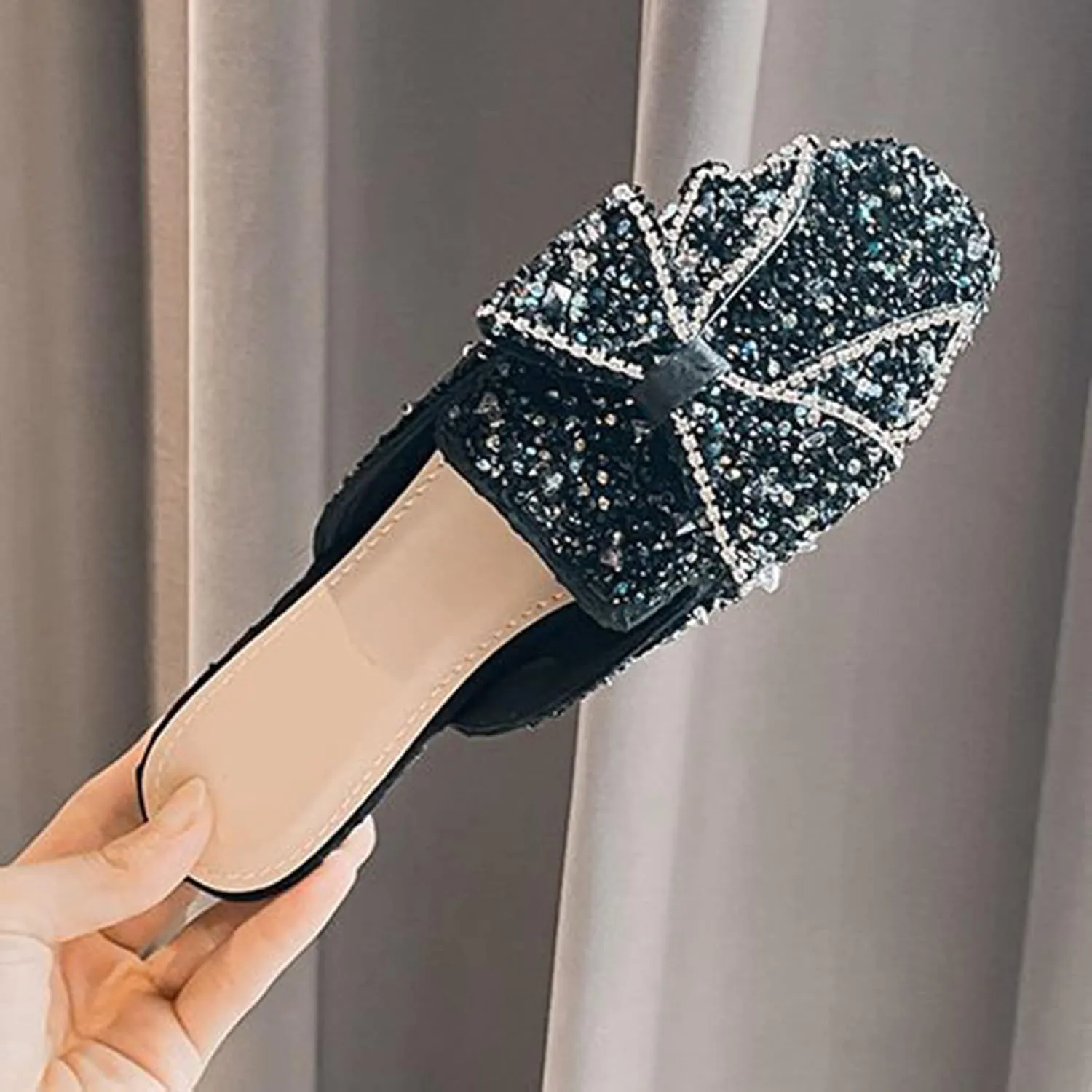 Women's Glitter Rhinestone Mule Flats Closed Toe Sequin Sparkly Bow Backless Slip On Loafer Slides
