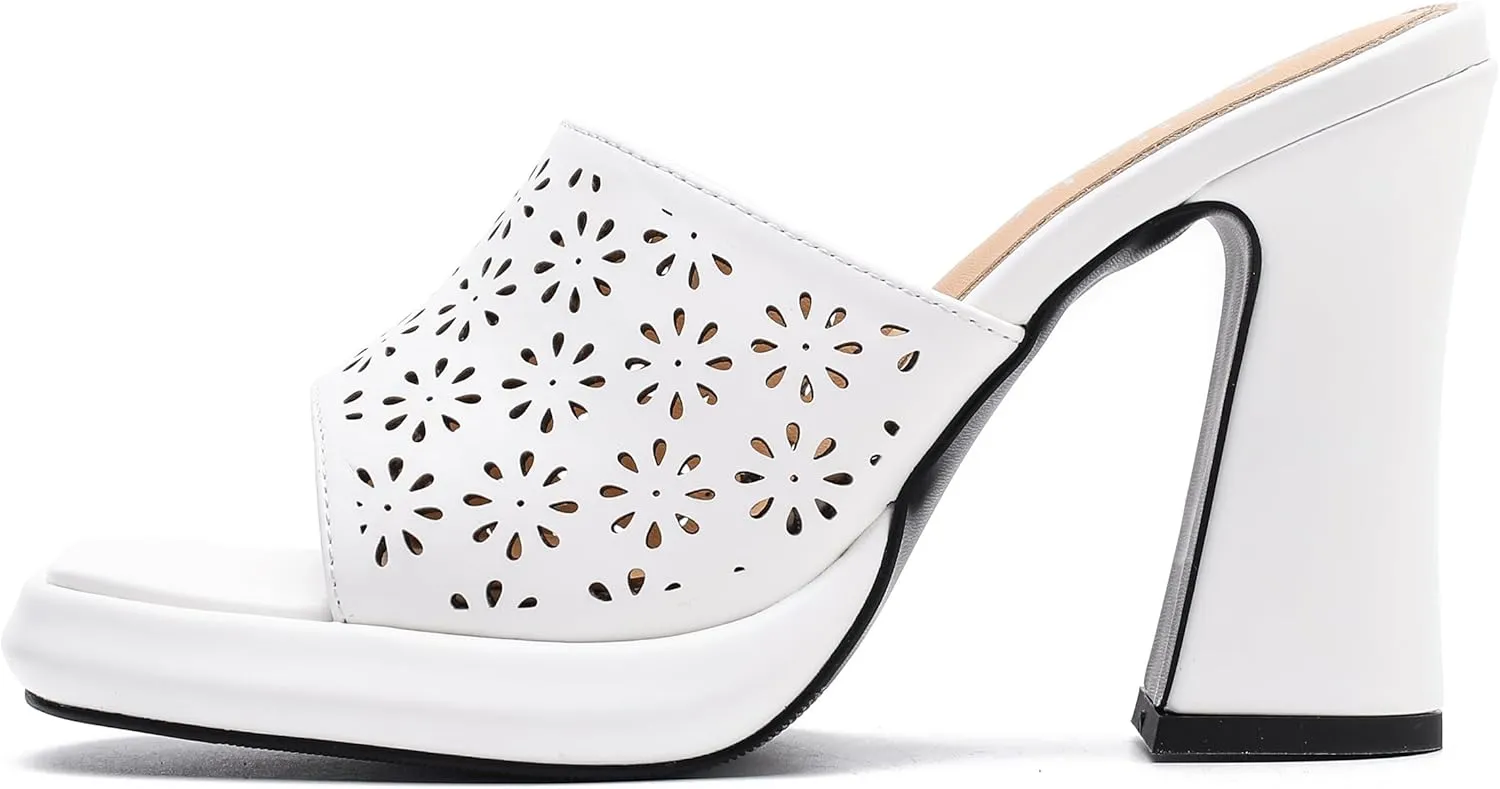 Womens Hollow Out Platform Heels Flower Square Toe High Chunky Heeled Mule Dress Party Sandals
