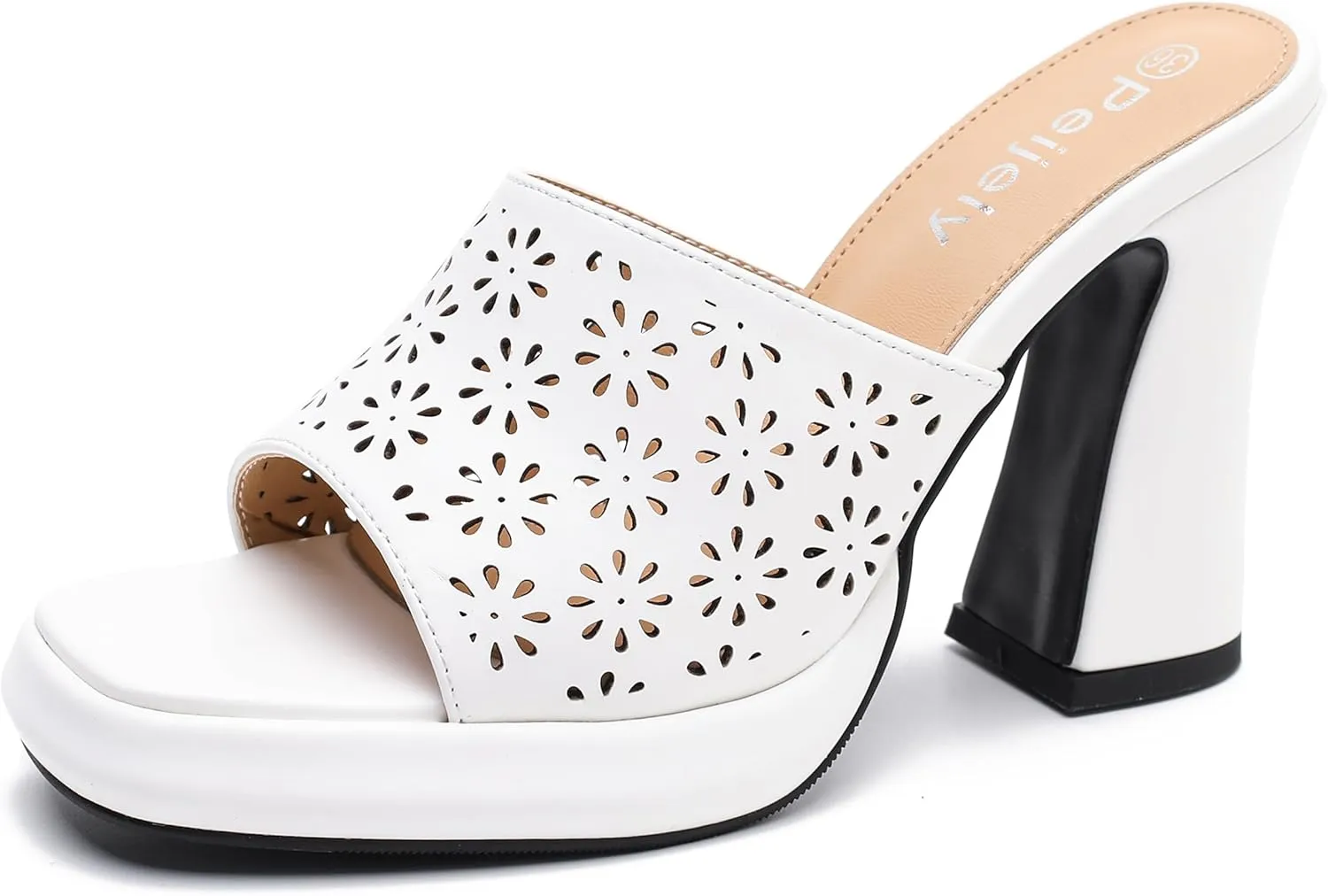 Womens Hollow Out Platform Heels Flower Square Toe High Chunky Heeled Mule Dress Party Sandals