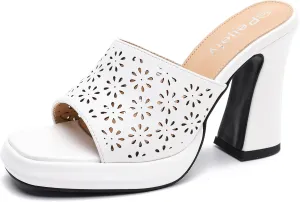 Womens Hollow Out Platform Heels Flower Square Toe High Chunky Heeled Mule Dress Party Sandals