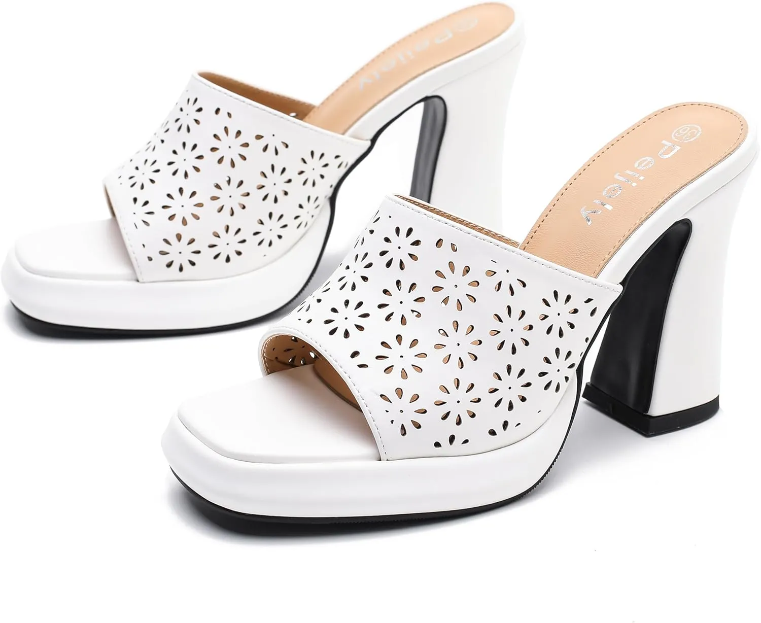 Womens Hollow Out Platform Heels Flower Square Toe High Chunky Heeled Mule Dress Party Sandals