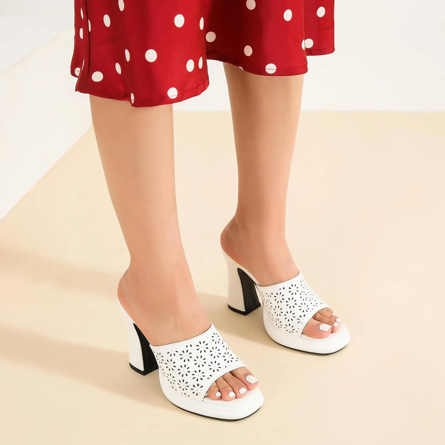 Womens Hollow Out Platform Heels Flower Square Toe High Chunky Heeled Mule Dress Party Sandals
