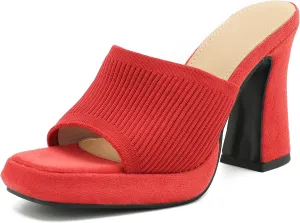Women's Knit Platform Heels Square Toe High Chunky Heeled Mule Dress Party Sandals