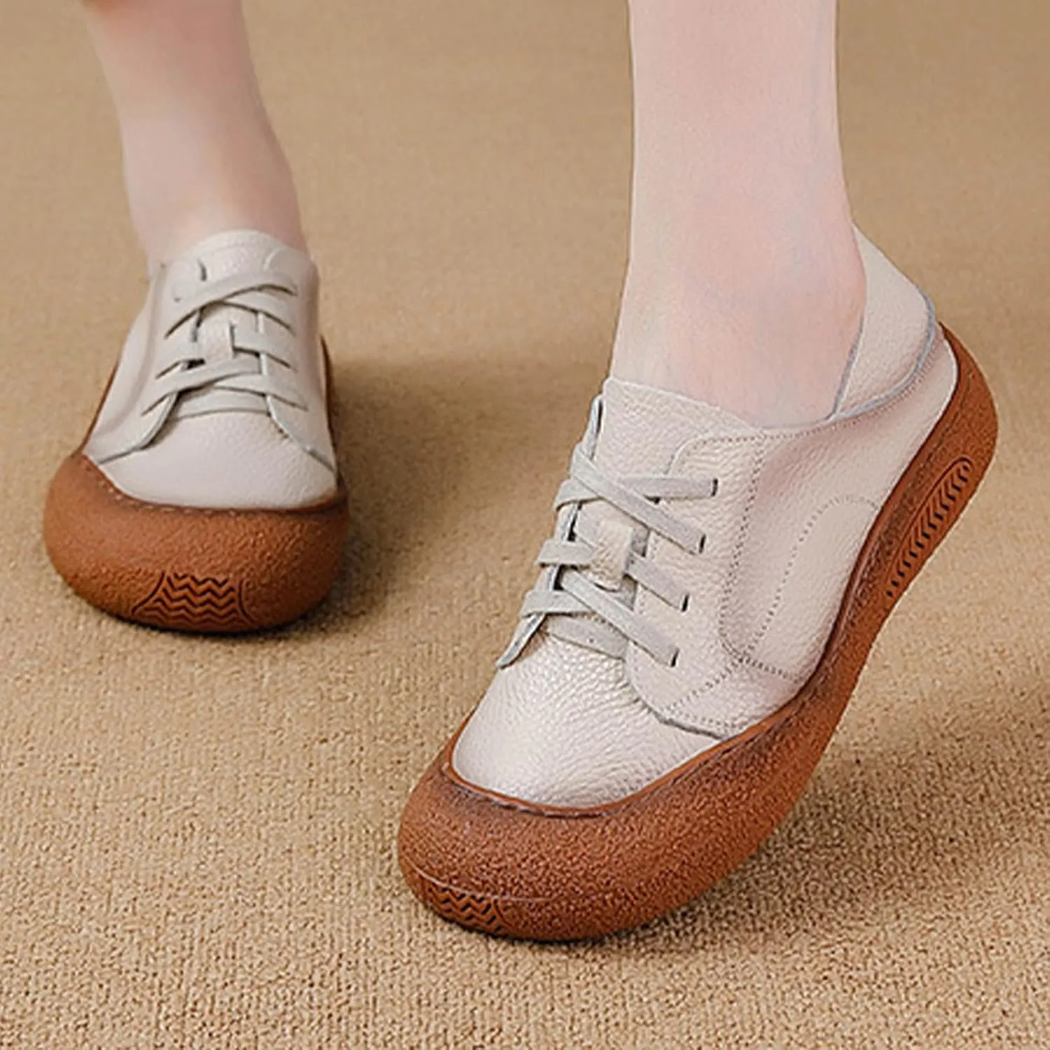 Women's Leather Arch Support Dress Sneakers,Vintage Comfort Round Toe Lace-up Non-Slip Soft Sole Flat Casual Shoes