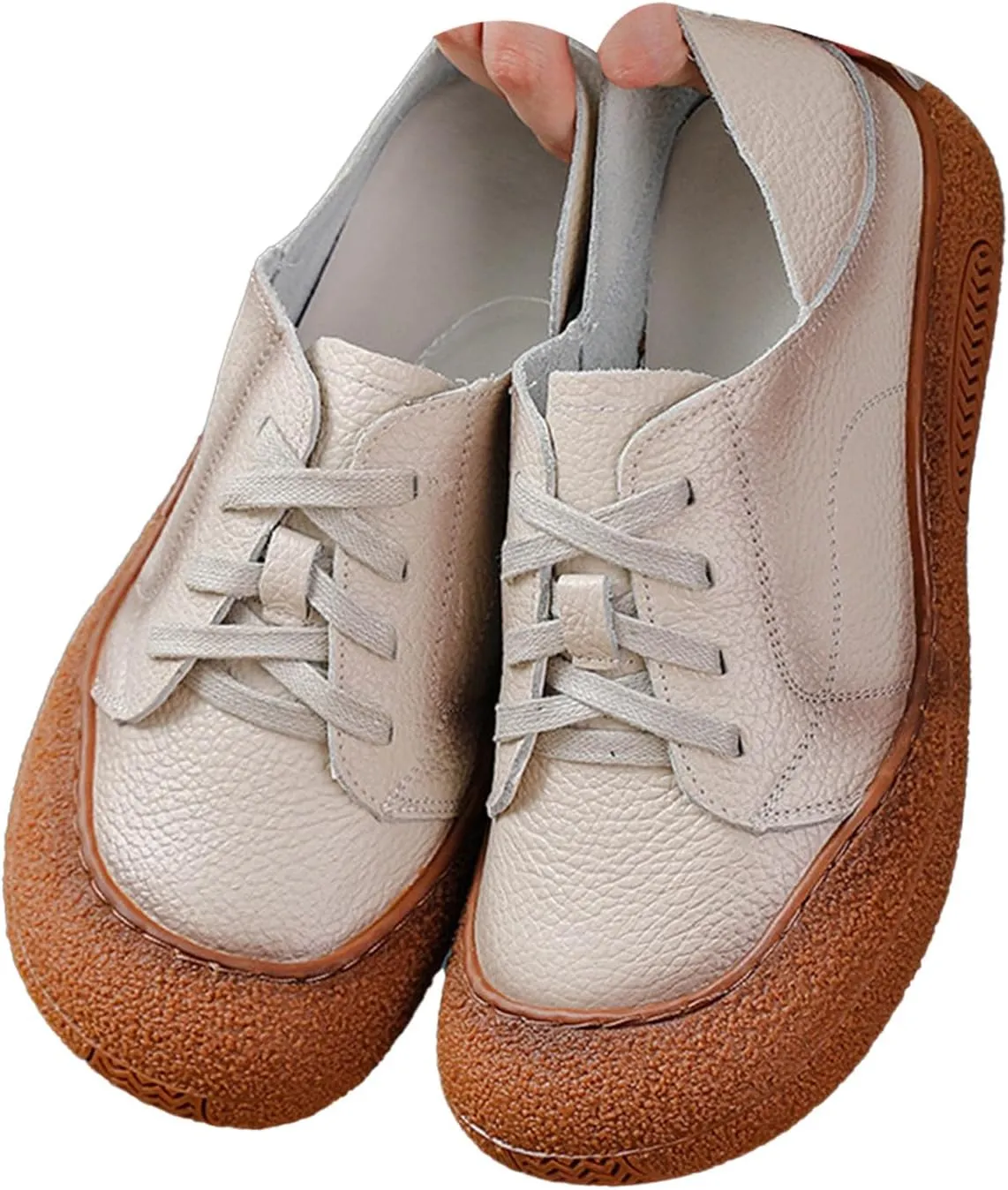 Women's Leather Arch Support Dress Sneakers,Vintage Comfort Round Toe Lace-up Non-Slip Soft Sole Flat Casual Shoes