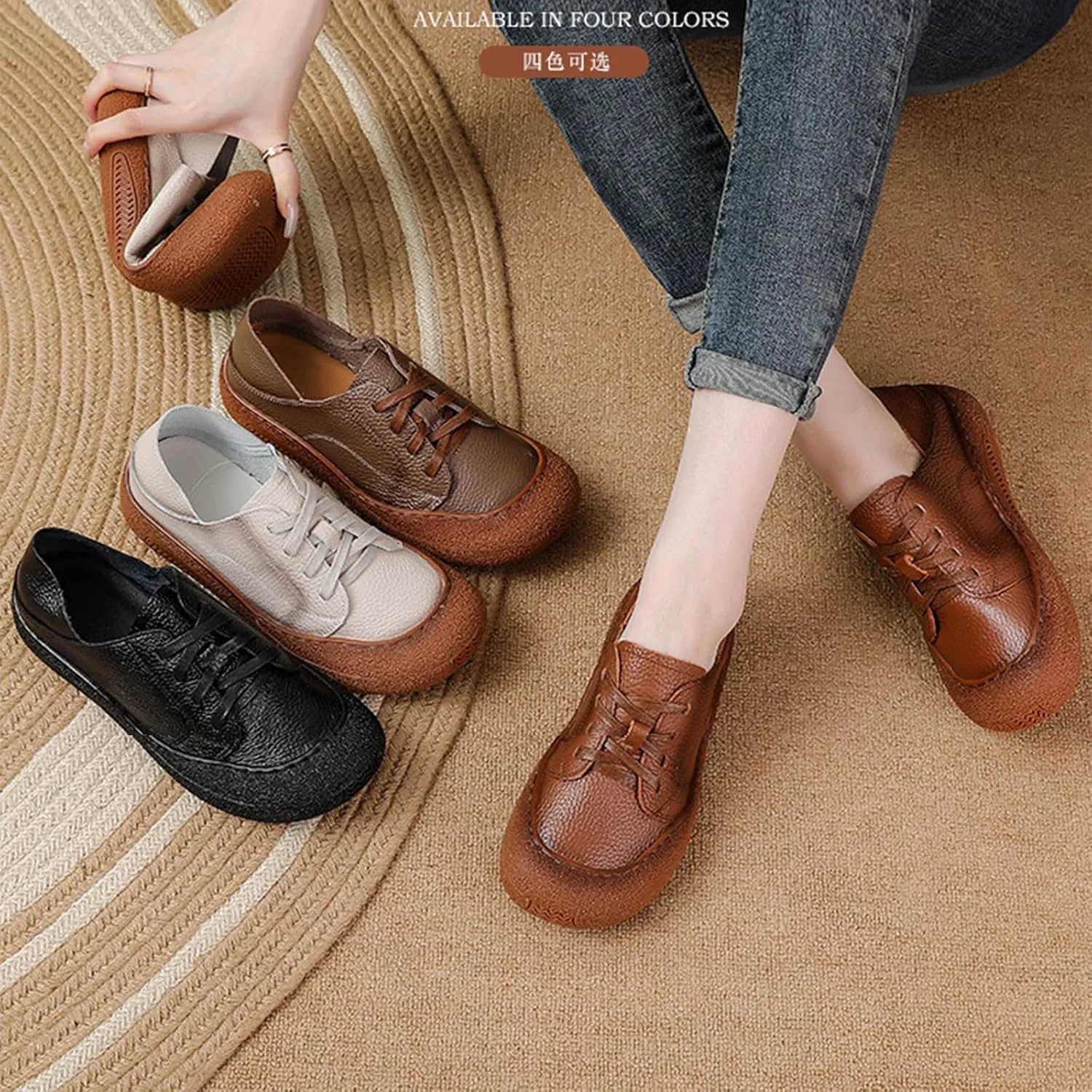 Women's Leather Arch Support Dress Sneakers,Vintage Comfort Round Toe Lace-up Non-Slip Soft Sole Flat Casual Shoes