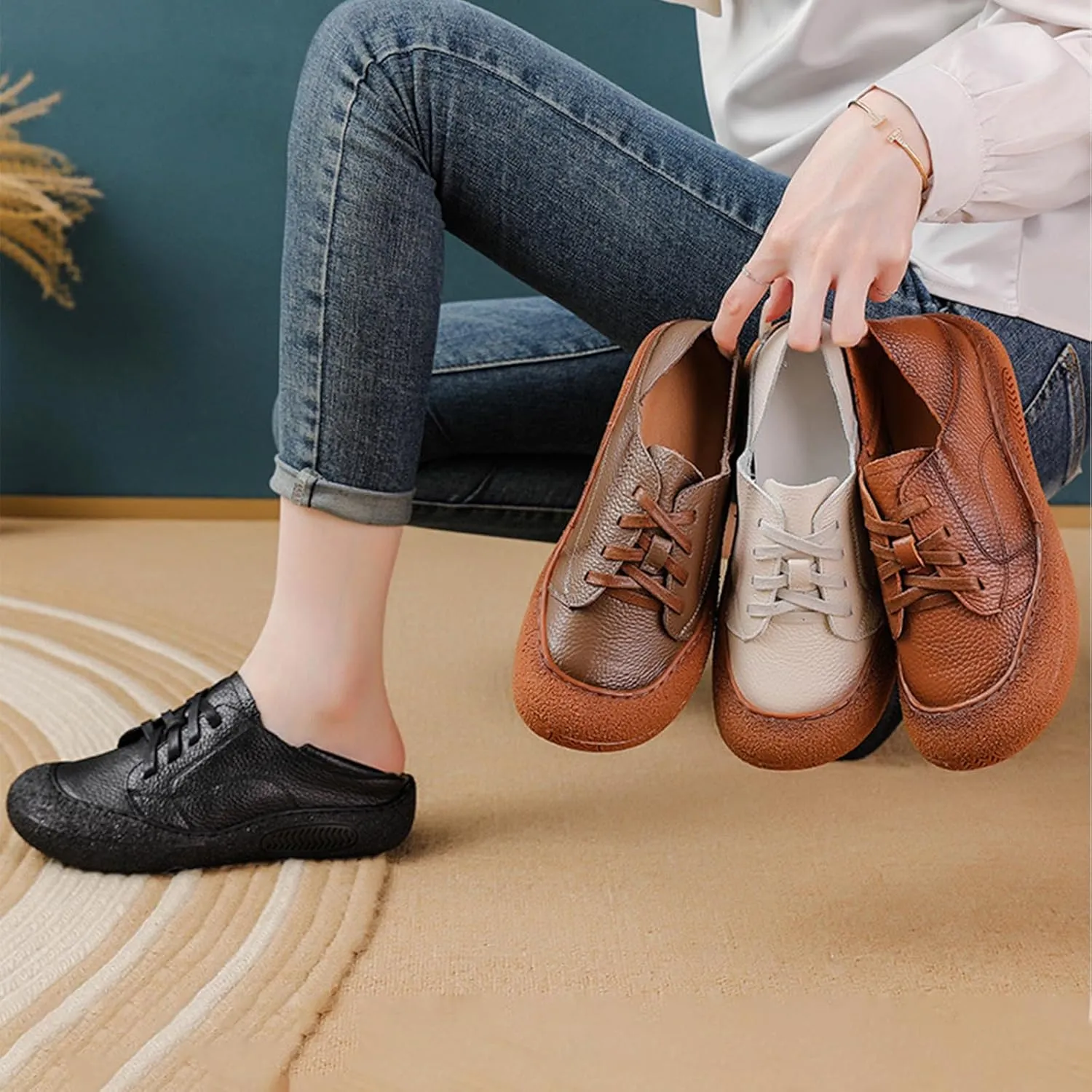 Women's Leather Arch Support Dress Sneakers,Vintage Comfort Round Toe Lace-up Non-Slip Soft Sole Flat Casual Shoes
