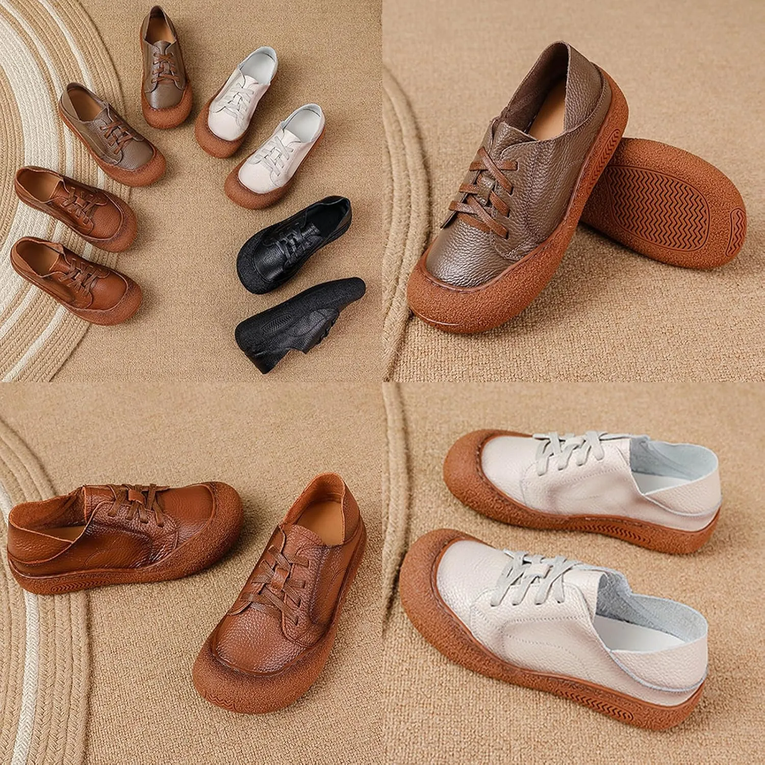Women's Leather Arch Support Dress Sneakers,Vintage Comfort Round Toe Lace-up Non-Slip Soft Sole Flat Casual Shoes