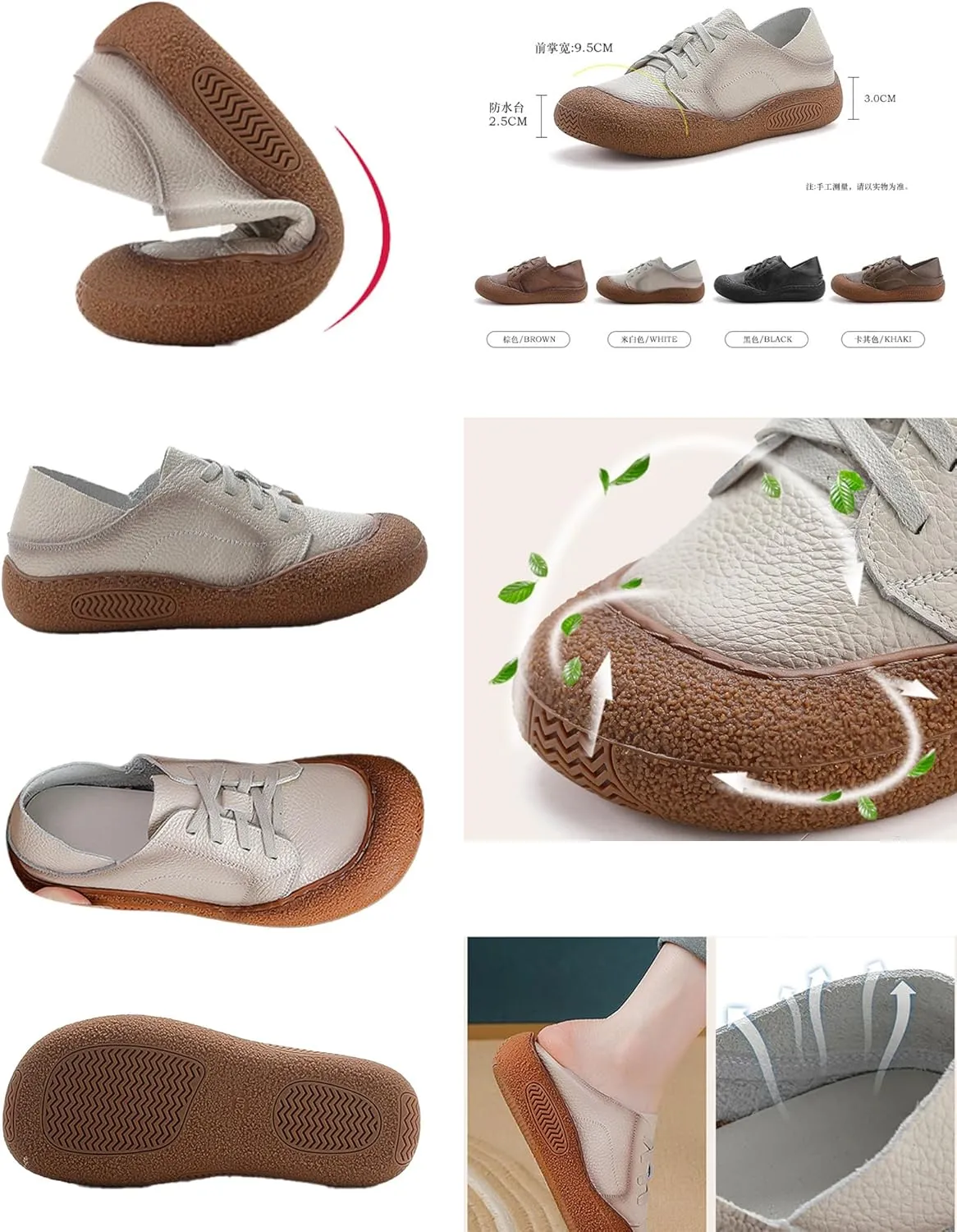Women's Leather Arch Support Dress Sneakers,Vintage Comfort Round Toe Lace-up Non-Slip Soft Sole Flat Casual Shoes