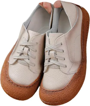 Women's Leather Arch Support Dress Sneakers,Vintage Comfort Round Toe Lace-up Non-Slip Soft Sole Flat Casual Shoes