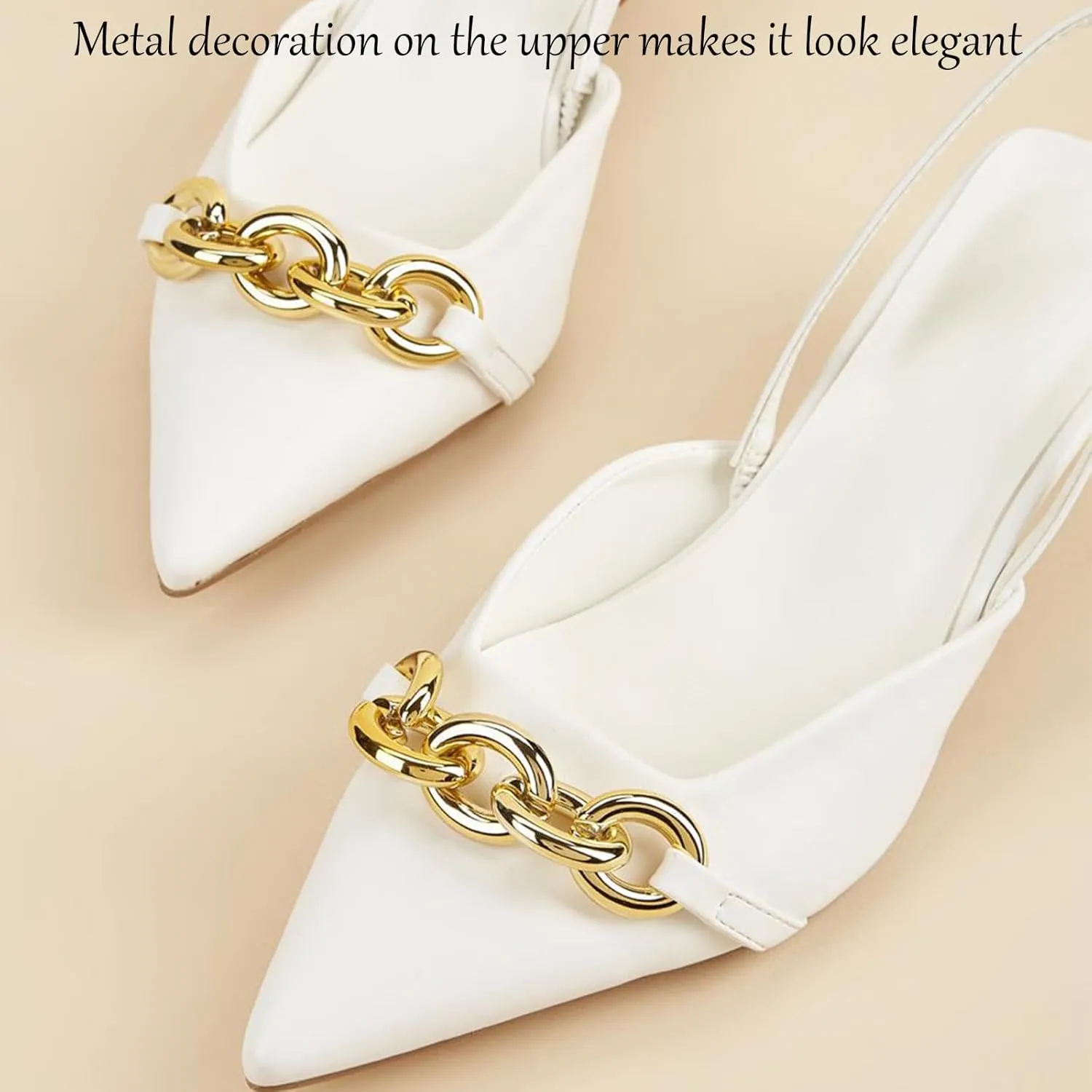 Women's Leather Metal Kitten Heel Slingback Dress Pumps, Fashionable Closed Pointed Toe Elastic Ankle Strap Backless Low Stiletto Mule Sandals for Wedding Party