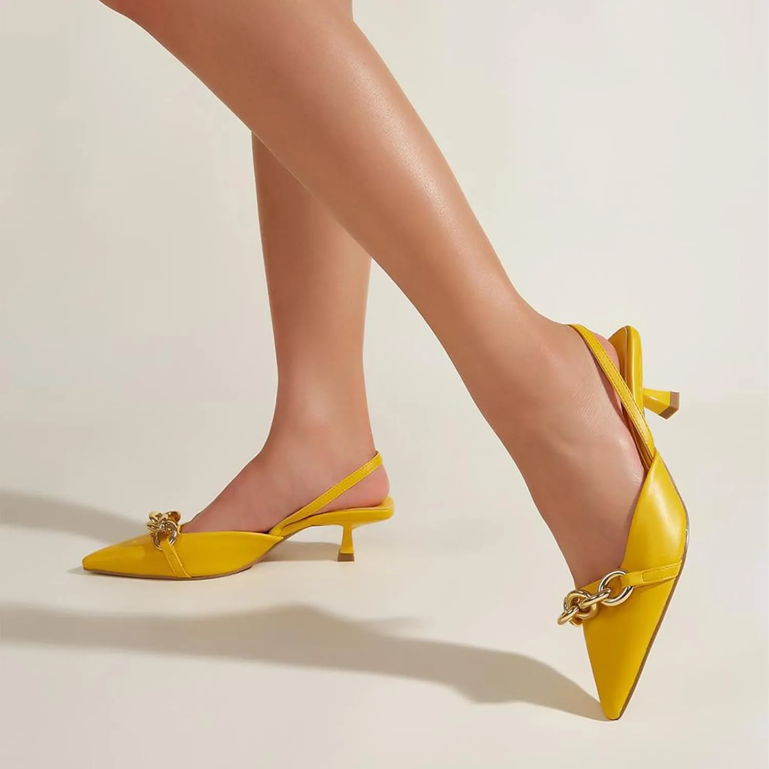 Women's Leather Metal Kitten Heel Slingback Dress Pumps, Fashionable Closed Pointed Toe Elastic Ankle Strap Backless Low Stiletto Mule Sandals for Wedding Party