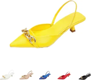 Women's Leather Metal Kitten Heel Slingback Dress Pumps, Fashionable Closed Pointed Toe Elastic Ankle Strap Backless Low Stiletto Mule Sandals for Wedding Party