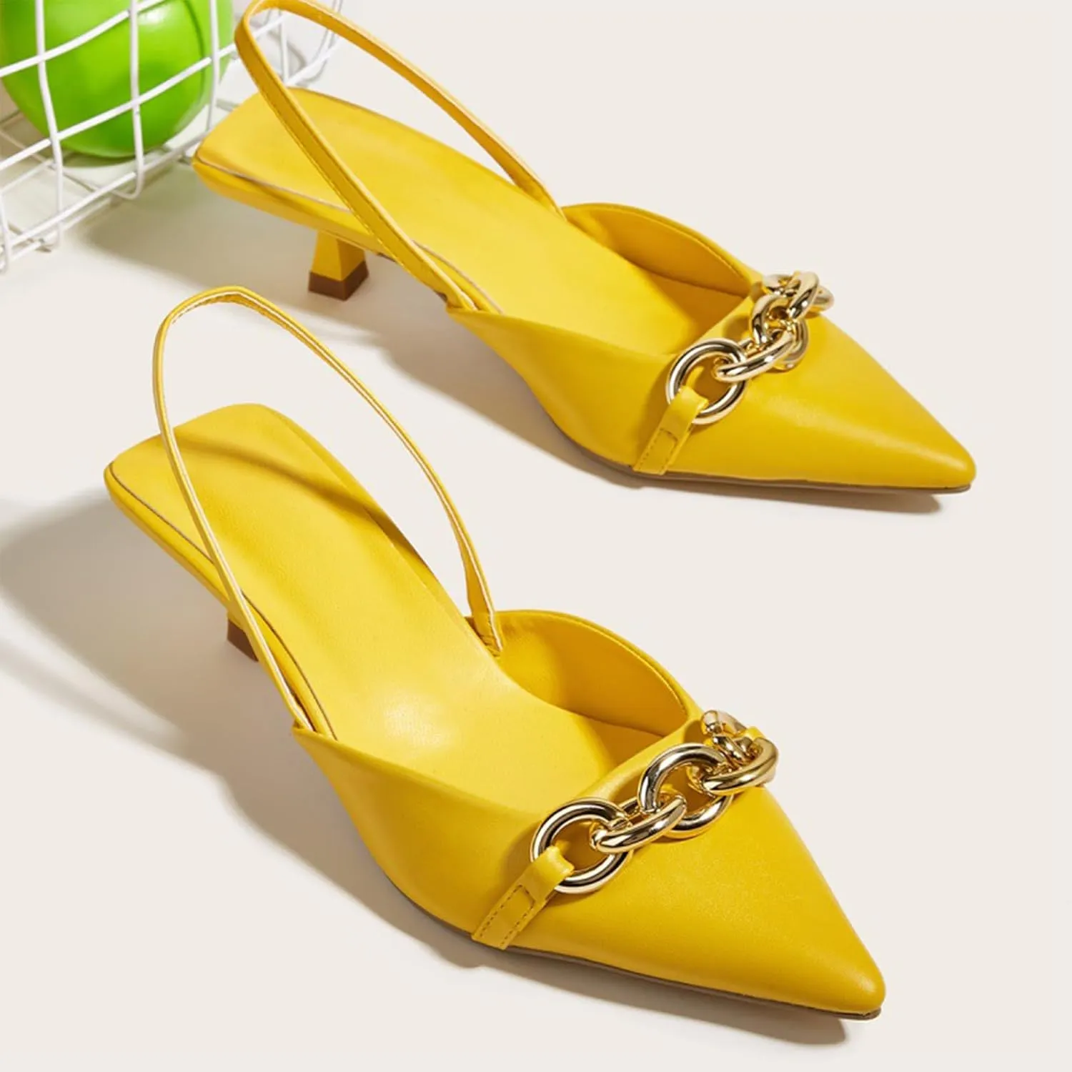 Women's Leather Metal Kitten Heel Slingback Dress Pumps, Fashionable Closed Pointed Toe Elastic Ankle Strap Backless Low Stiletto Mule Sandals for Wedding Party