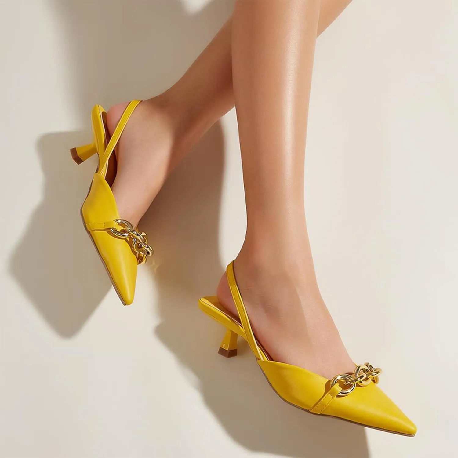 Women's Leather Metal Kitten Heel Slingback Dress Pumps, Fashionable Closed Pointed Toe Elastic Ankle Strap Backless Low Stiletto Mule Sandals for Wedding Party