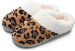 Women's Leopard Slippers Coral Fleece Lined Knitted Plush Fabric Comfy Memory Foam Anti-Skid Home Shoes Indoor Outdoor
