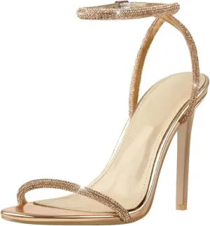 Women's Open Toe Rhinestone Sandals - Thin Strappy Heel Gold Peep Toe Mules