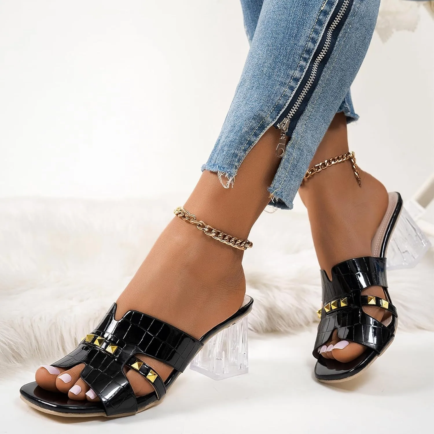 Women's Open Toe Rivet Chunky Heel Slides Sandals Fashion Square Toe Slip On Clear Block Heel Mule Sandals Dressy Party Dress Summer Slippers